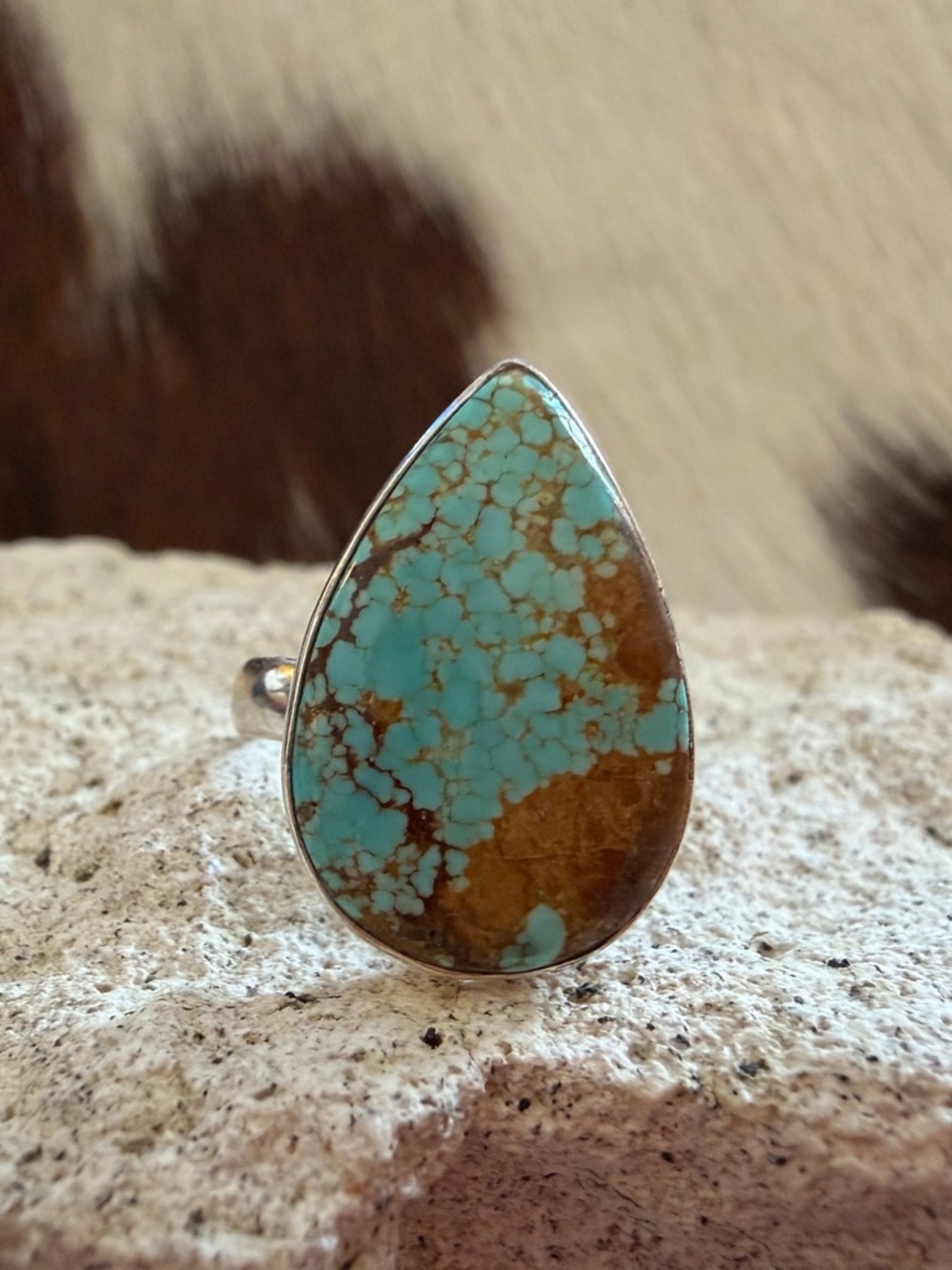 ❤️ Turquoise Minimalist Bohemian Sterling Silver Statement Ring Size 6.75
